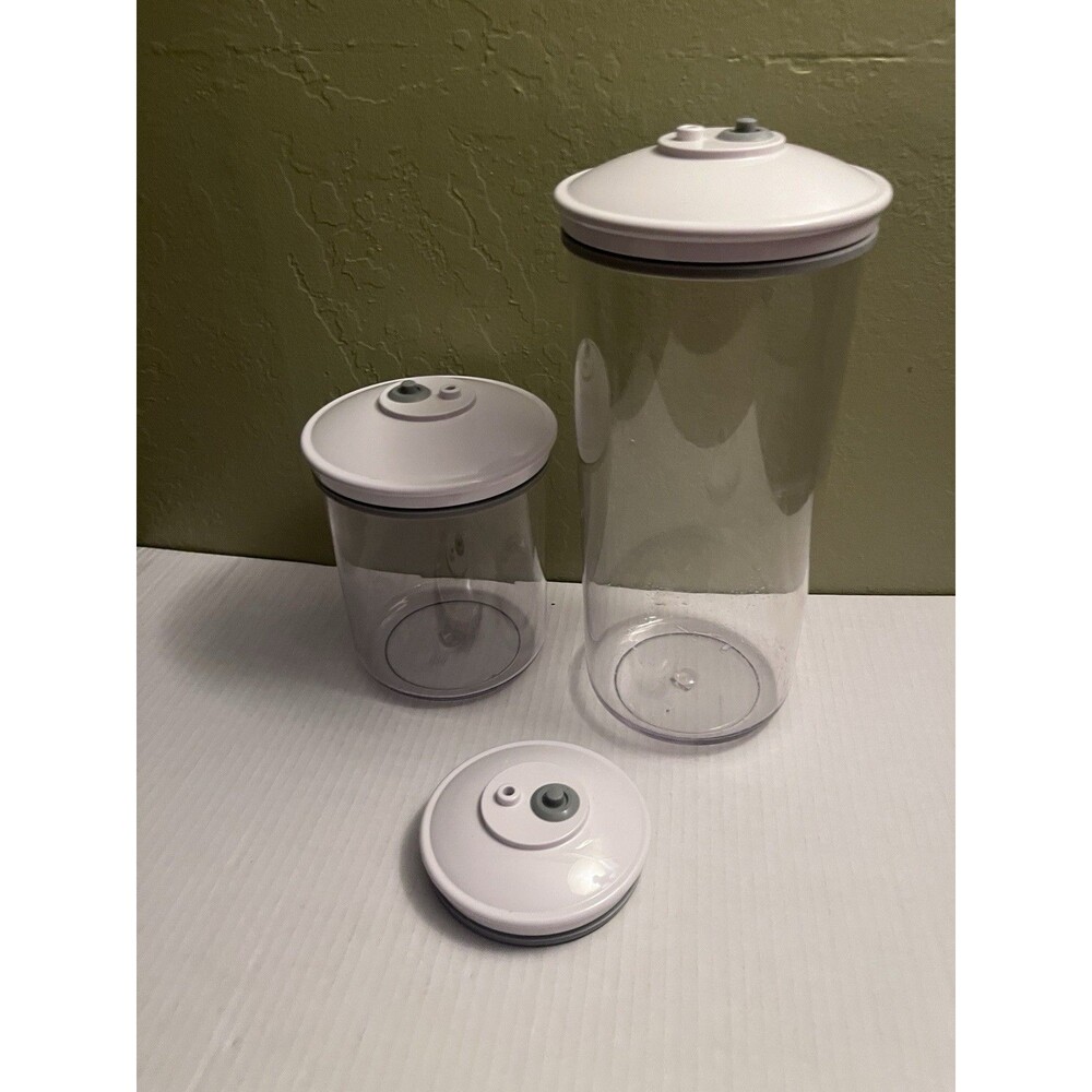 Two Clear FoodSaver Snail Vacuum Seal Canisters Containers Tall Short Extra Lid